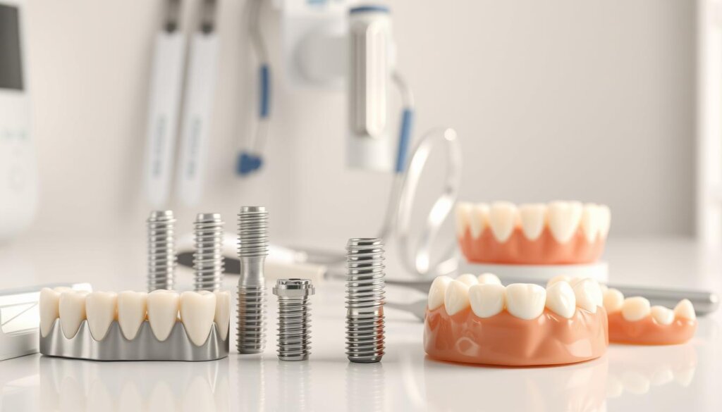 Photograph of dental implants, bridges, and dentures, showcasing tooth replacement options. Bright, clean, well-lit studio setting with a neutral, minimalist background. Foreground features various dental prosthetics arranged in an organized, symmetrical display. Middle ground includes medical instruments and tools associated with tooth replacement procedures. Background provides a sense of medical authority and professionalism. Subtle depth of field blur to emphasize the primary dental elements. Crisp, high-resolution details highlighting the craftsmanship and functionality of the replacement options.