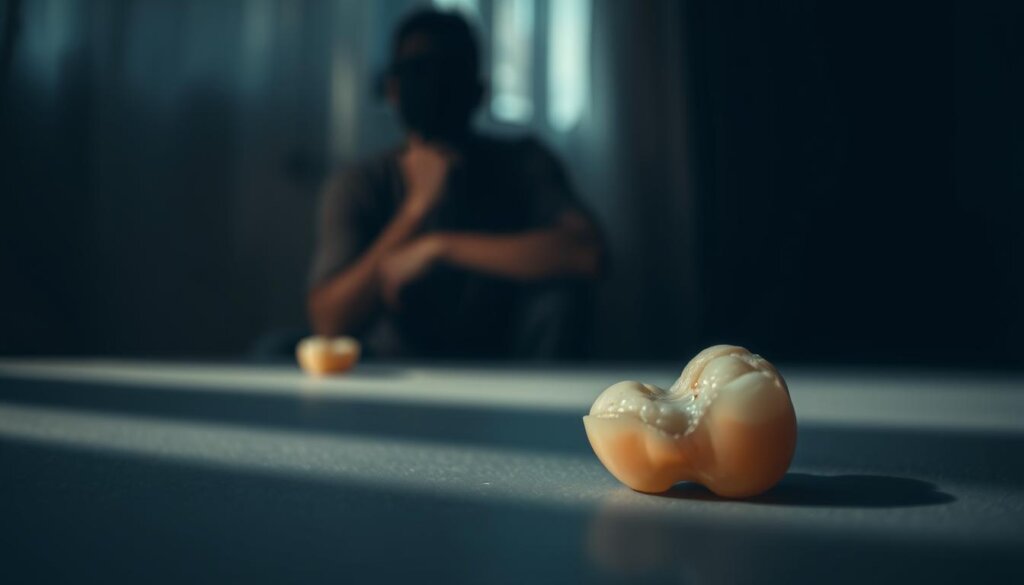 Psychological Impact of Tooth Injury A pensive figure, their face obscured, sits alone in a dimly lit room. Soft, moody lighting casts long shadows, creating a sense of unease and introspection. In the foreground, a cracked and discolored tooth lies on a table, a stark and unsettling focal point. The background is blurred, hinting at the individual's internal struggle and the isolating nature of their experience. The overall atmosphere evokes a sense of vulnerability, loss, and the profound impact a dental injury can have on one's mental well-being.