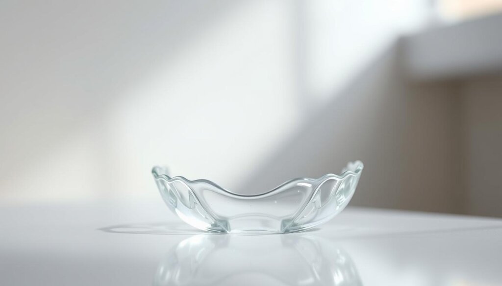 Stunningly clear and translucent Invisalign aligners, meticulously crafted with precision, resting on a pristine white surface. Soft, diffused lighting casts a subtle glow, highlighting the aligners' smooth, seamless edges and invisible aesthetic. In the middle ground, a single aligner stands upright, showcasing its discreet and customized design. The background features a blurred, minimalist backdrop, allowing the aligners to take center stage and convey their practical and cosmetic benefits. The overall scene exudes a sense of clinical elegance, reflecting the advanced orthodontic technology and the transformative power of Invisalign treatment.