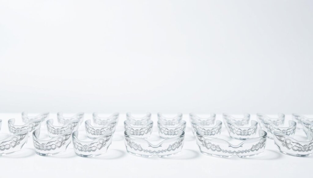 a clear, consistent, and neatly aligned set of Invisalign clear aligners, arranged in a precise grid pattern against a clean, minimalist background, with a soft, diffused lighting that highlights the translucent texture of the aligners, conveying a sense of order, precision, and the consistent application of the Invisalign treatment over time, as a visual representation of the "Lifestyle Factors" section in the article "Ideal Candidates for Invisalign Treatment Revealed".