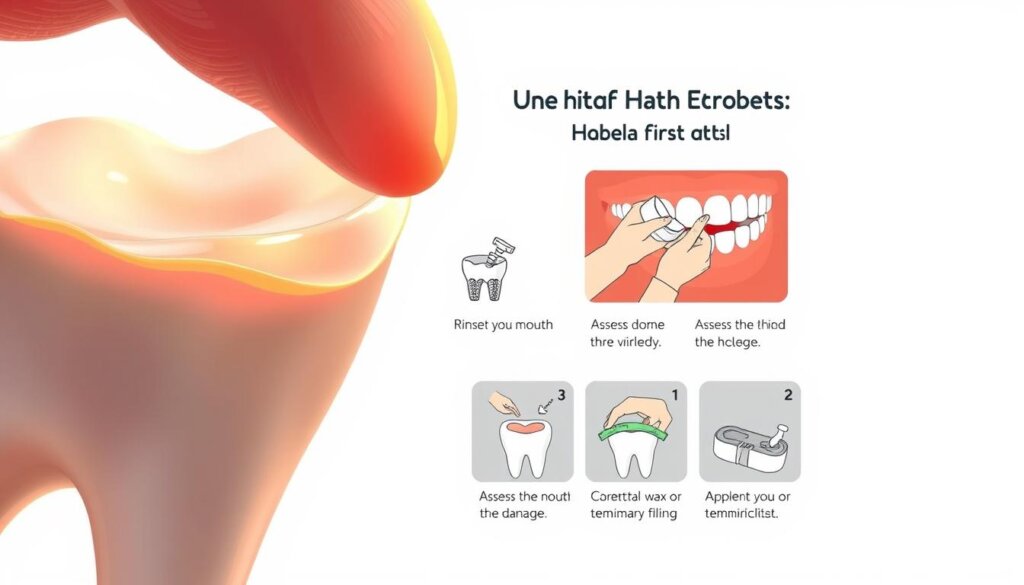 a detailed medical illustration of the initial steps to take for a chipped tooth, in a clean, professional style with an educational, informative tone. In the foreground, a close-up view of a human tooth with a chipped edge, illuminated by warm lighting. In the middle ground, a series of sequential illustrations demonstrating the proper first aid techniques, such as rinsing the mouth, assessing the damage, and applying dental wax or temporary filling. The background is a plain, neutral backdrop, allowing the step-by-step instructions to be the central focus. The overall composition is visually organized, with clear, labeled steps to guide the viewer through the process of handling a chipped tooth emergency.