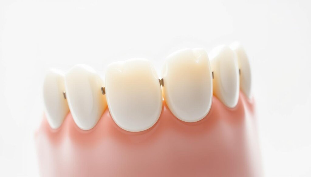 a high-quality, detailed image of dental crowns for chipped tooth repair, with a close-up view of the crowns against a clean, white background. The crowns should be made of porcelain or ceramic, with a smooth, natural-looking texture that blends seamlessly with the surrounding teeth. Showcase the crowns from various angles, highlighting their shape, color, and fit. Utilize soft, even lighting to create a sense of depth and dimension, emphasizing the craftsmanship and durability of the dental restorations. The image should convey a professional, clinical atmosphere suitable for illustrating a medical article on chipped tooth treatment options.