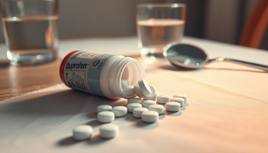 A bottle of ibuprofen tablets resting on a wooden table, with a glass of water and a dental mirror next to it. The tablets are backlit by a warm, soft light, casting subtle shadows and highlights that accentuate their form. The table is covered in a crisp, white tablecloth, creating a clean, minimalist background that allows the ibuprofen to be the focal point. The overall scene conveys a sense of relief and efficacy, suitable for illustrating the "Ibuprofen for Tooth Pain Relief" section of the article.