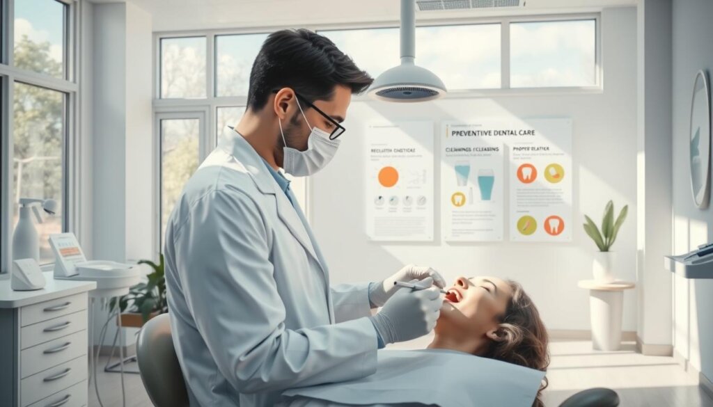 A bright, airy dental office interior with large windows letting in natural light. In the foreground, a dentist in a pristine white coat examines the teeth of a patient, using a variety of modern dental tools and instruments. The middle ground features educational displays and diagrams highlighting the importance of preventive dental care, such as regular check-ups, cleanings, and proper oral hygiene. The background showcases a calming, minimalist decor with soothing colors and organic shapes, evoking a sense of wellness and care. The overall atmosphere conveys the professionalism, expertise, and patient-centric approach of this dental practice dedicated to promoting optimal oral health.