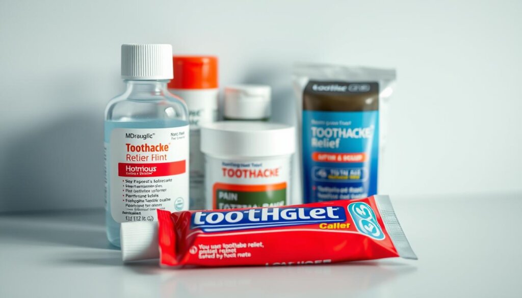 A bright, well-lit close-up shot of various over-the-counter toothache relief products, including a bottle of pain medication, a tube of numbing gel, and a pack of dental wax. The products are arranged neatly on a clean, neutral-colored surface, with a soft, diffused lighting that emphasizes their textures and colors. The overall mood is one of soothing reassurance, conveying the idea of effective, accessible relief for tooth pain. The image should have a crisp, professional look, with a focus on the products themselves rather than any distracting backgrounds or unnecessary elements.