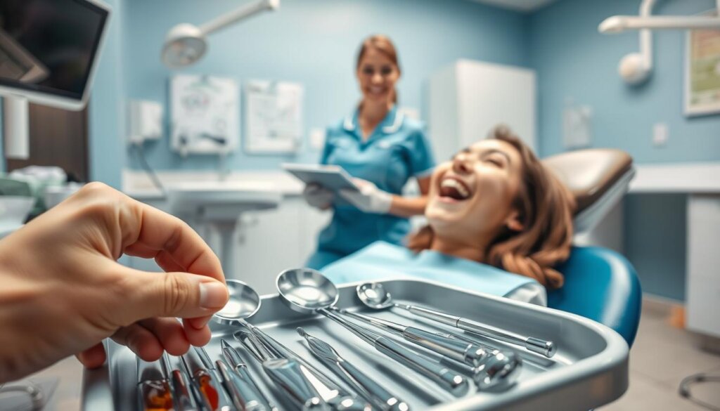 A bright, well-lit dental clinic interior with a patient sitting in a reclining examination chair. In the foreground, a dentist's tray displays a selection of gleaming metal instruments - dental mirrors, probes, and polishing tools. The patient's mouth is open, and the dentist's hand hovers near, ready to begin a thorough examination. In the middle ground, a nurse stands by, holding a clipboard and smiling reassuringly at the patient. The background features soothing blue and white color tones, with dental charts and equipment visible on the walls. The overall atmosphere conveys a sense of professionalism, cleanliness, and patient comfort, creating an image that visually represents the preparation for a routine dental check-up.
