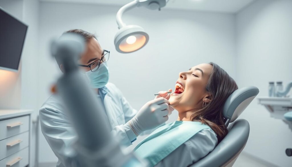 A bright, well-lit dental clinic interior with modern equipment and a dentist in a white coat examining a patient's teeth. The patient is sitting in a comfortable dental chair, their mouth open as the dentist inspects their oral cavity with a dental mirror and probe. The scene conveys a sense of professionalism and care, with the dentist's focused expression and the patient's trust in their expertise. The background features clean, minimalist decor, giving the image a clinical yet reassuring atmosphere.