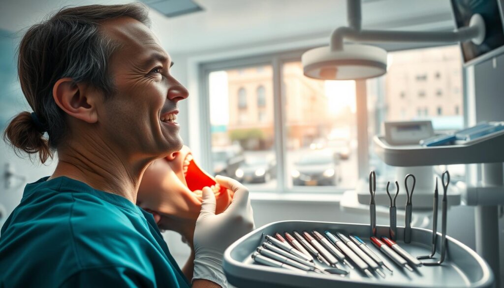 A bright, well-lit dental clinic interior with modern equipment and tools. In the foreground, a dentist in scrubs examining a patient's open mouth, a concerned expression on their face. In the middle ground, an array of dental instruments neatly organized on a tray. In the background, a window overlooking a bustling city street, conveying a sense of urgency and the need for professional care. The lighting is clean and directional, creating depth and highlighting the details of the scene. The overall atmosphere is one of medical professionalism and the importance of seeking immediate attention for dental emergencies.