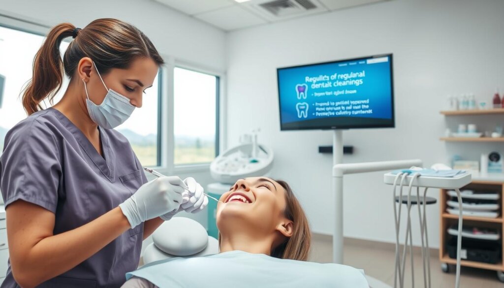 A bright, well-lit dental office interior with a modern, clinical aesthetic. In the foreground, a dental hygienist in scrubs is gently performing a thorough cleaning on a patient's teeth using various dental tools and instruments. The patient's mouth is open, and a calm, relaxed expression is on their face. In the middle ground, a wall-mounted monitor displays informative graphics highlighting the benefits of regular dental cleanings, such as improved oral hygiene, prevention of cavities and gum disease. The background features other dental equipment, shelves of supplies, and a window overlooking a serene, natural landscape, conveying a sense of professionalism and the importance of preventive dental care.