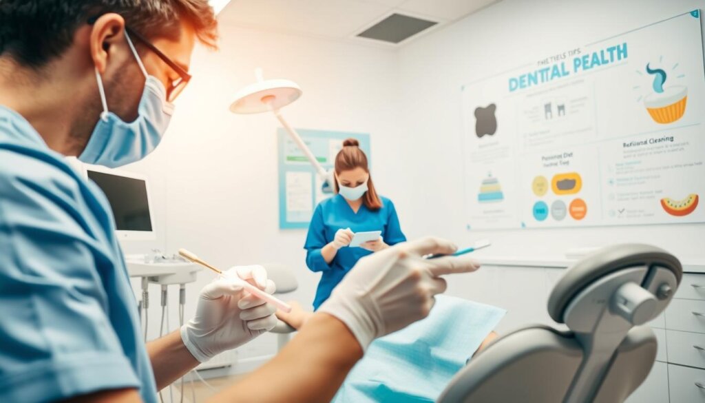 A bright, well-lit dental office interior with modern dental equipment and a calm, serene atmosphere. In the foreground, a dentist in scrubs gently examines a patient's teeth with a dental mirror and probe, conveying a sense of care and attention to detail. In the middle ground, a dental hygienist demonstrates proper brushing and flossing techniques to a patient, emphasizing the importance of daily oral hygiene practices. The background showcases a wall display with infographics and visuals highlighting the key steps for maintaining optimal dental health, such as regular check-ups, professional cleanings, and a balanced diet.