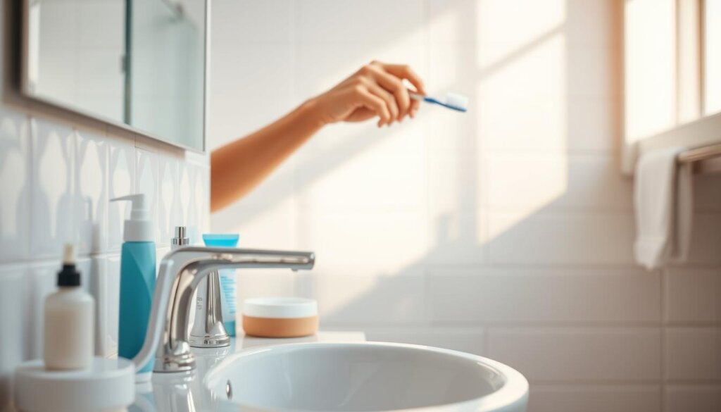 A brightly lit bathroom scene with a sink and mirror in the foreground. On the counter, a toothbrush, toothpaste, and other dental hygiene items are neatly arranged. In the middle ground, a person's hands are gently brushing their teeth, demonstrating proper technique. The background features a clean, tiled wall with a minimalist design, creating a calming, spa-like atmosphere. The lighting is soft and natural, casting a warm glow on the scene. The overall mood is one of guidance and instruction, encouraging viewers to establish a consistent and effective dental care routine.
