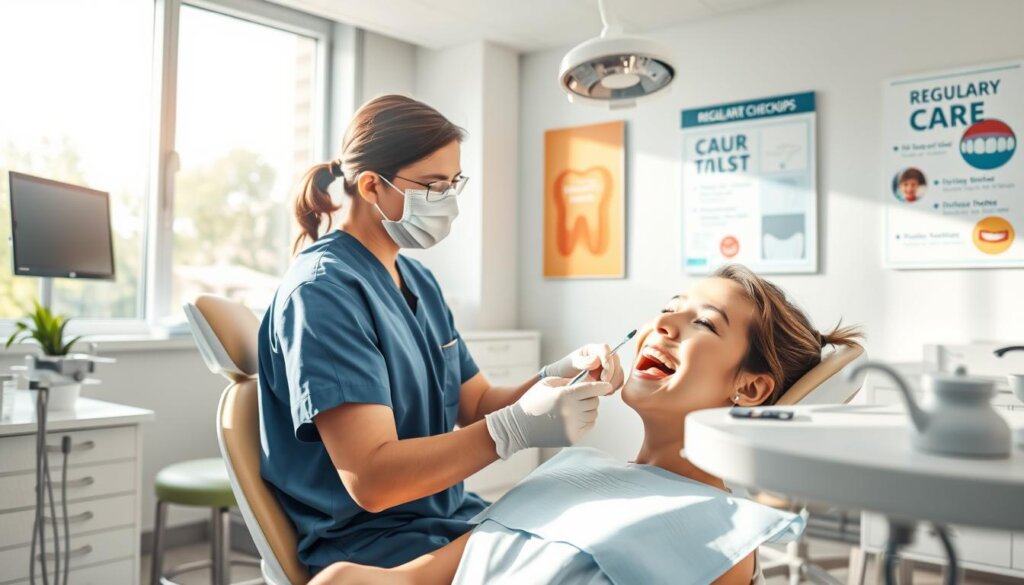 A clean, bright dental office interior with modern furnishings and equipment. In the foreground, a smiling patient sitting in a dental chair, their teeth being examined by a focused dentist wearing scrubs and a face mask. On the walls, informative posters highlighting the importance of regular dental check-ups and good oral hygiene habits. Diffused natural light filters in through large windows, creating a warm and welcoming atmosphere. The scene conveys a sense of trust, care, and the patient's well-being as the key priorities of this dental practice.