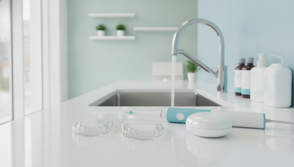 A clean, well-lit dental care setting focusing on a pair of clear aligners resting on a polished white surface, surrounded by essential care items. In the foreground, a pair of aligners glistens, with a toothbrush and a small, stylish aligner case artfully arranged nearby. In the middle, a stainless steel sink with running water and dental supplies peeks through, emphasizing cleanliness. The background features a soft-focus, modern dental office with calming pastel colors. Natural light streams in from a large window, creating a bright and inviting atmosphere. Capture the scene from a slightly elevated angle to showcase the arrangements, evoking a sense of care and professionalism in aligner maintenance. A clean, well-lit dental care setting focusing on a pair of clear aligners resting on a polished white surface, surrounded by essential care items. In the foreground, a pair of aligners glistens, with a toothbrush and a small, stylish aligner case artfully arranged nearby. In the middle, a stainless steel sink with running water and dental supplies peeks through, emphasizing cleanliness. The background features a soft-focus, modern dental office with calming pastel colors. Natural light streams in from a large window, creating a bright and inviting atmosphere. Capture the scene from a slightly elevated angle to showcase the arrangements, evoking a sense of care and professionalism in aligner maintenance.