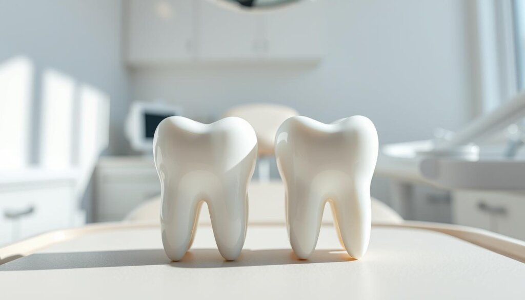 A clean, well-lit dental office setting with a focal point showcasing two types of dental fillings side-by-side. The fillings are displayed on a neutral-colored surface, such as a dental tray or examination table. The fillings are of equal size and shape, allowing for a direct visual comparison of their appearance. The lighting is bright and natural, creating sharp shadows and highlights to emphasize the texture and sheen of the materials. The background is blurred, keeping the focus on the fillings. The overall composition is balanced and minimalist, allowing the viewer to easily compare the cost and visual differences between the two filling types.