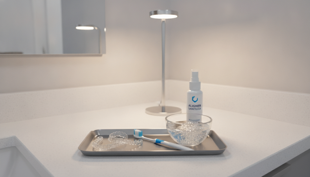A clean, well-organized dental care setting highlighting best practices for aligner maintenance. In the foreground, a pristine dental tray displays clear plastic aligners alongside a soft toothbrush, an antibacterial spray bottle, and a small bowl of cleaning solution. In the middle ground, a countertop features a gentle light source illuminating the items, casting soft shadows for depth. In the background, a simple, modern bathroom with light-colored walls and a mirror reflects a serene atmosphere. The overall mood is fresh and hygienic, emphasizing cleanliness and care, ideal for preventing staining and odor. The scene is composed with a wide-angle lens to capture the entire setting, ensuring clarity and focus on the alignment care tools without any distractions. A clean, well-organized dental care setting highlighting best practices for aligner maintenance. In the foreground, a pristine dental tray displays clear plastic aligners alongside a soft toothbrush, an antibacterial spray bottle, and a small bowl of cleaning solution. In the middle ground, a countertop features a gentle light source illuminating the items, casting soft shadows for depth. In the background, a simple, modern bathroom with light-colored walls and a mirror reflects a serene atmosphere. The overall mood is fresh and hygienic, emphasizing cleanliness and care, ideal for preventing staining and odor. The scene is composed with a wide-angle lens to capture the entire setting, ensuring clarity and focus on the alignment care tools without any distractions.