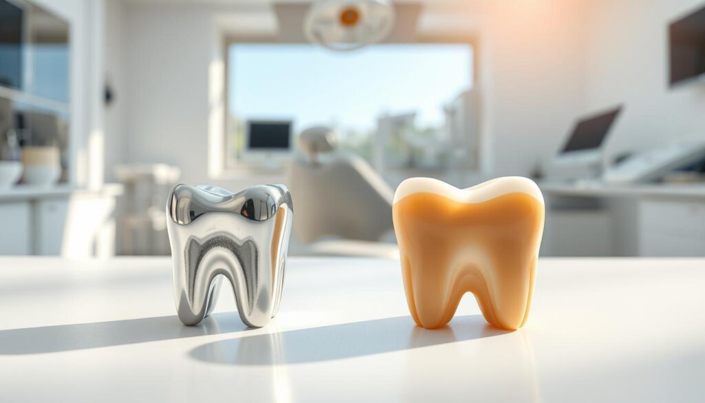 A clinical dental examination room with bright, natural lighting filtering in from large windows. In the foreground, two sets of dental fillings are displayed side-by-side on a pristine, white surface. On the left, a silver-colored amalgam filling glistens under the illumination. On the right, a composite resin filling in a subtle beige tone. The fillings are positioned to highlight their distinct visual characteristics and durability. The middle ground features various dental tools and instruments, hinting at the technical expertise required to evaluate and compare these restorative materials. The background is blurred, maintaining the focus on the central fillings and their contrasting properties.