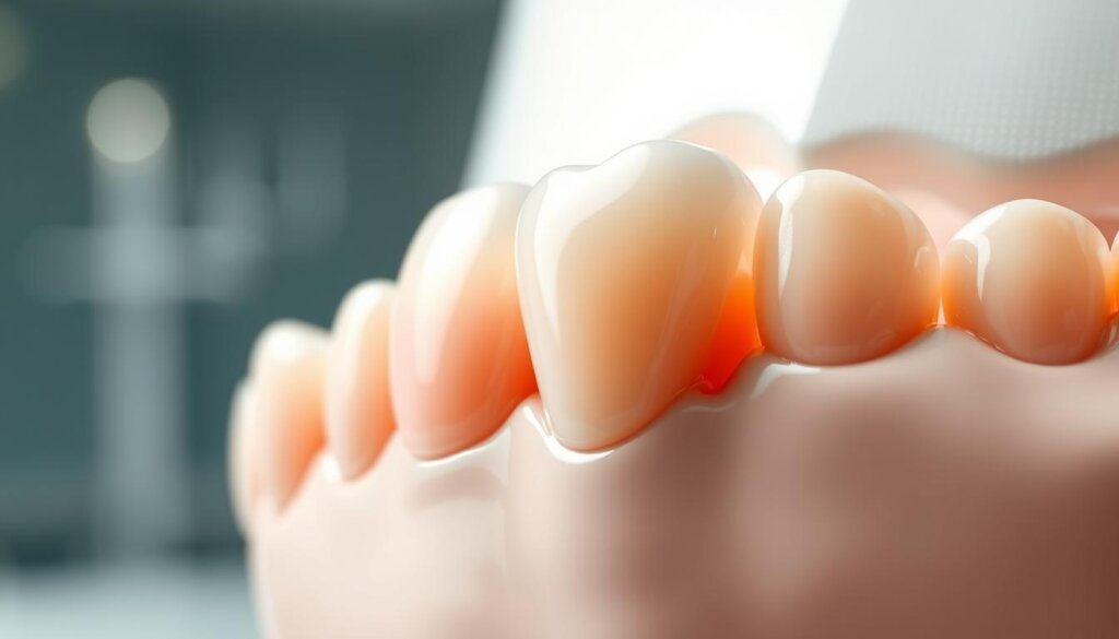 A close-up, detailed view of a set of healthy, natural-looking composite dental fillings in various tooth-colored shades, artfully illuminated to showcase their smooth, seamless integration with the surrounding tooth structure. The fillings are set against a softly blurred, clinical yet calming background, highlighting their aesthetic advantages over traditional metal amalgam fillings. Subtle reflections and nuanced textures convey the high-quality, durable nature of the composite material. The overall scene radiates a sense of professionalism, quality, and patient-centered care.