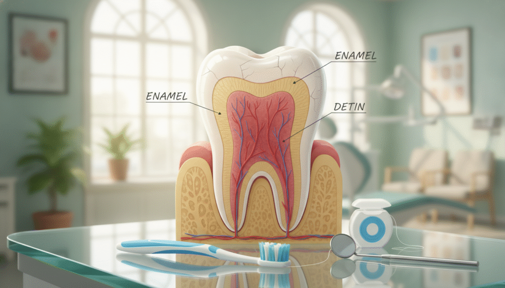 A close-up illustration of a healthy tooth structure, emphasizing the enamel, dentin, and pulp layers in vibrant detail. Surrounding the tooth, place dental tools like a toothbrush, floss, and a dental mirror, arranged neatly on a clean, glossy countertop. In the background, softly focus on a dental clinic setting with bright, natural lighting filtering through large windows, creating an inviting atmosphere. Showcase gentle, warm colors to evoke a sense of care and professionalism. The perspective should be slightly angled to highlight the tooth's durability, allowing viewers to appreciate the intricate textures. This image captures the essence of dental care and education, promoting an understanding of how to maintain strong teeth. A close-up illustration of a healthy tooth structure, emphasizing the enamel, dentin, and pulp layers in vibrant detail. Surrounding the tooth, place dental tools like a toothbrush, floss, and a dental mirror, arranged neatly on a clean, glossy countertop. In the background, softly focus on a dental clinic setting with bright, natural lighting filtering through large windows, creating an inviting atmosphere. Showcase gentle, warm colors to evoke a sense of care and professionalism. The perspective should be slightly angled to highlight the tooth's durability, allowing viewers to appreciate the intricate textures. This image captures the essence of dental care and education, promoting an understanding of how to maintain strong teeth.