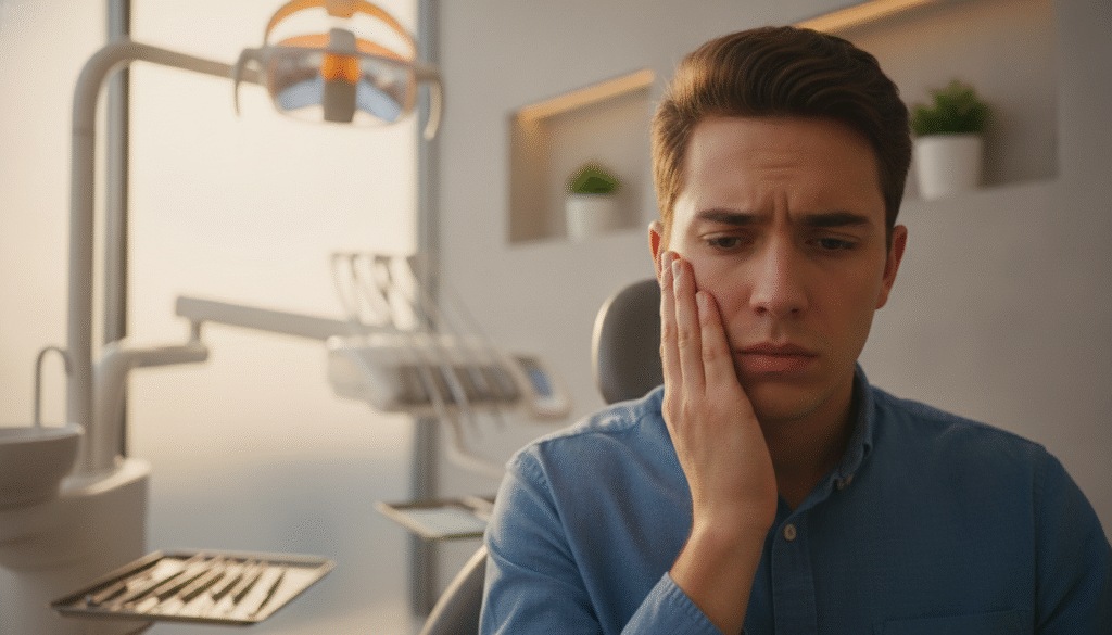 A close-up image focusing on a patient sitting in a modern dental office, with a concerned expression, gently placing a hand on their cheek to indicate tooth sensitivity after dental work. The foreground captures the patient in a modest casual shirt, while in the middle, a dental chair and dental equipment are subtly visible. In the background, soft, diffused lighting creates a calming and sterile environment, emphasizing the healing process. The angle is slightly tilted to capture the patient's expression, with warm light highlighting their face for an empathetic tone. The overall mood conveys a blend of anxiety and hope, illustrating the individual’s experience during recovery after tooth repair. A close-up image focusing on a patient sitting in a modern dental office, with a concerned expression, gently placing a hand on their cheek to indicate tooth sensitivity after dental work. The foreground captures the patient in a modest casual shirt, while in the middle, a dental chair and dental equipment are subtly visible. In the background, soft, diffused lighting creates a calming and sterile environment, emphasizing the healing process. The angle is slightly tilted to capture the patient's expression, with warm light highlighting their face for an empathetic tone. The overall mood conveys a blend of anxiety and hope, illustrating the individual’s experience during recovery after tooth repair.
