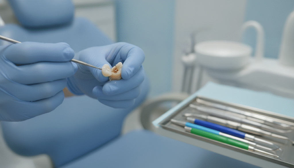 A close-up image of a dentist's hand performing a broken tooth repair, focusing on a partially broken tooth being gently reattached with a dental adhesive. In the foreground, a pair of gloved hands delicately holds a small applicator tool, poised above the tooth, glistening under bright dental lights. The middle ground features a dental chair and a colorful assortment of dental tools neatly arranged on a tray. The background should include a soft out-of-focus dental clinic environment, with calming colors like light blue and white, enhancing the clinical but soothing atmosphere. The lighting is bright and clinical, highlighting the precision of the repair process while creating an informative yet professional mood, suitable for understanding the complexities of tooth breakage repair. A close-up image of a dentist's hand performing a broken tooth repair, focusing on a partially broken tooth being gently reattached with a dental adhesive. In the foreground, a pair of gloved hands delicately holds a small applicator tool, poised above the tooth, glistening under bright dental lights. The middle ground features a dental chair and a colorful assortment of dental tools neatly arranged on a tray. The background should include a soft out-of-focus dental clinic environment, with calming colors like light blue and white, enhancing the clinical but soothing atmosphere. The lighting is bright and clinical, highlighting the precision of the repair process while creating an informative yet professional mood, suitable for understanding the complexities of tooth breakage repair.