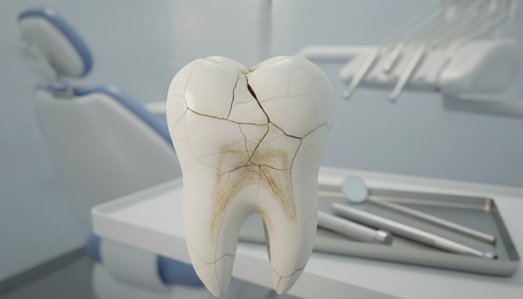 A close-up of a cracked molar tooth, showcasing detailed cracks and slight discoloration, highlighting the significance of Cracked Tooth Syndrome. The foreground features the tooth against a neutral background to focus on the dental issue. A soft, diffused light illuminates the tooth from an angle to enhance texture and emphasize the fractures, creating a clinical yet informative atmosphere. In the background, a blurred dental office can be seen, with dental tools subtly depicted to give context. The overall mood is professional and educational, ideal for illustrating the understanding of dental health issues, specifically highlighting the intricacies of cracked tooth syndrome. A close-up of a cracked molar tooth, showcasing detailed cracks and slight discoloration, highlighting the significance of Cracked Tooth Syndrome. The foreground features the tooth against a neutral background to focus on the dental issue. A soft, diffused light illuminates the tooth from an angle to enhance texture and emphasize the fractures, creating a clinical yet informative atmosphere. In the background, a blurred dental office can be seen, with dental tools subtly depicted to give context. The overall mood is professional and educational, ideal for illustrating the understanding of dental health issues, specifically highlighting the intricacies of cracked tooth syndrome.