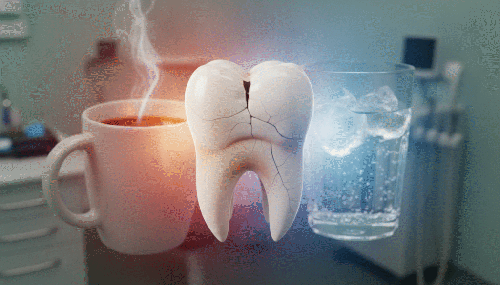 A close-up of a cracked tooth set against a soothing, blurred dental clinic background to emphasize a clinical atmosphere. In the foreground, highlight the cracked tooth with visible enamel fractures and subtle hints of sensitivity, such as slight swelling around the gum line. Warm and cool gradients of color flow around the tooth, symbolizing hot and cold sensations, while a soft glow emanates from a cup of steaming coffee and a glass of ice water placed nearby. The lighting should be soft yet focused on the tooth, creating a stark contrast with the cool colors of the beverages. The mood is serious yet informative, inviting viewers to explore the implications of temperature on dental health. A close-up of a cracked tooth set against a soothing, blurred dental clinic background to emphasize a clinical atmosphere. In the foreground, highlight the cracked tooth with visible enamel fractures and subtle hints of sensitivity, such as slight swelling around the gum line. Warm and cool gradients of color flow around the tooth, symbolizing hot and cold sensations, while a soft glow emanates from a cup of steaming coffee and a glass of ice water placed nearby. The lighting should be soft yet focused on the tooth, creating a stark contrast with the cool colors of the beverages. The mood is serious yet informative, inviting viewers to explore the implications of temperature on dental health.