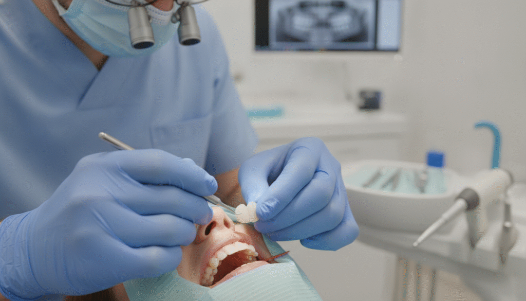A close-up of a dental professional's hands applying a porcelain veneer to a chipped tooth in a modern dental clinic. The foreground features the dentist, dressed in professional attire, carefully holding a dental tool near the patient’s mouth, showcasing the intricacies of the procedure. In the middle ground, focus on the chipped tooth being treated, with detailed textures of both the natural tooth enamel and the pristine veneer. The background subtly highlights dental equipment and a clean, well-organized workspace, bathed in bright, soft overhead lighting, creating a calm and clinical atmosphere. The image conveys a sense of professionalism and precision, designed to educate viewers about the use of veneers in dental restoration. A close-up of a dental professional's hands applying a porcelain veneer to a chipped tooth in a modern dental clinic. The foreground features the dentist, dressed in professional attire, carefully holding a dental tool near the patient’s mouth, showcasing the intricacies of the procedure. In the middle ground, focus on the chipped tooth being treated, with detailed textures of both the natural tooth enamel and the pristine veneer. The background subtly highlights dental equipment and a clean, well-organized workspace, bathed in bright, soft overhead lighting, creating a calm and clinical atmosphere. The image conveys a sense of professionalism and precision, designed to educate viewers about the use of veneers in dental restoration.