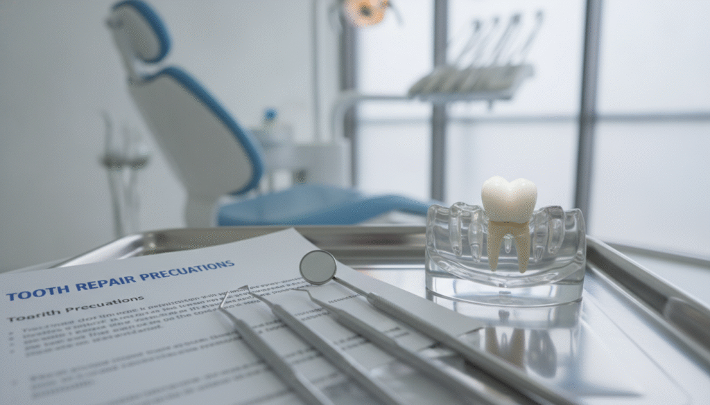 A close-up of a dental scene focusing on a repaired tooth, skillfully highlighted to emphasize its restoration. In the foreground, a clean dental tool set rests beside an open dental brochure on "tooth repair precautions." In the middle, a dental model displaying a repaired tooth sits on a sanitized dental tray, with subtle reflections showcasing its shine. The background features a softly blurred dental office setting, with bright, natural lighting illuminating the area, creating a calm and professional atmosphere. The angle is slightly above eye level, capturing the intricate details of the tooth and tools. The overall mood conveys trust and care, emphasizing the significance of understanding dental repairs. A close-up of a dental scene focusing on a repaired tooth, skillfully highlighted to emphasize its restoration. In the foreground, a clean dental tool set rests beside an open dental brochure on "tooth repair precautions." In the middle, a dental model displaying a repaired tooth sits on a sanitized dental tray, with subtle reflections showcasing its shine. The background features a softly blurred dental office setting, with bright, natural lighting illuminating the area, creating a calm and professional atmosphere. The angle is slightly above eye level, capturing the intricate details of the tooth and tools. The overall mood conveys trust and care, emphasizing the significance of understanding dental repairs.
