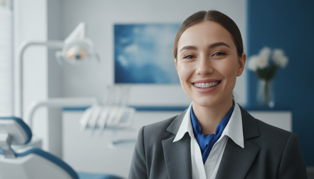 A close-up portrait of a young adult smiling confidently, showcasing their clear invisible braces while dressed in professional attire. The subject's face radiates warmth and happiness, highlighting the aesthetic advantages of Invisalign. In the background, a softly blurred dental clinic scene with modern equipment and calming colors creates a serene and professional atmosphere. Subtle lighting enhances the subject's features, emphasizing their healthy teeth and the discreet nature of the braces. The overall mood is positive and empowering, celebrating the seamless integration of orthodontics into daily life. The lens should be set at a flattering angle to capture the subject's genuine smile, conveying a sense of satisfaction and self-confidence. A close-up portrait of a young adult smiling confidently, showcasing their clear invisible braces while dressed in professional attire. The subject's face radiates warmth and happiness, highlighting the aesthetic advantages of Invisalign. In the background, a softly blurred dental clinic scene with modern equipment and calming colors creates a serene and professional atmosphere. Subtle lighting enhances the subject's features, emphasizing their healthy teeth and the discreet nature of the braces. The overall mood is positive and empowering, celebrating the seamless integration of orthodontics into daily life. The lens should be set at a flattering angle to capture the subject's genuine smile, conveying a sense of satisfaction and self-confidence.