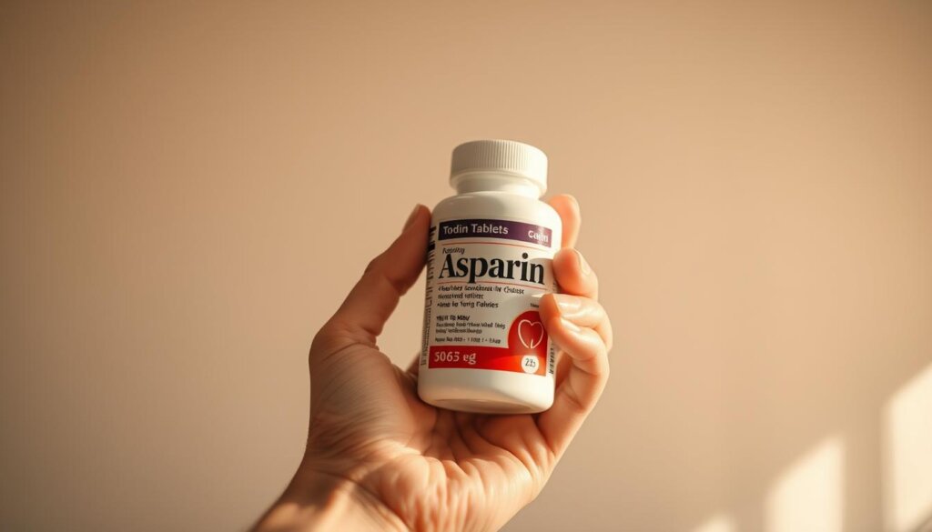 A close-up shot of a human hand holding a bottle of aspirin tablets against a neutral background. The hand is positioned in the foreground, with the aspirin bottle taking up the middle ground, and a soft, out-of-focus background providing a calming, minimalist aesthetic. The lighting is warm and natural, creating a comforting, therapeutic atmosphere. The focus is sharp on the aspirin bottle, highlighting its details and the familiar, recognizable shape of the medication. The image conveys a sense of relief and a simple, effective solution to the common problem of tooth pain.