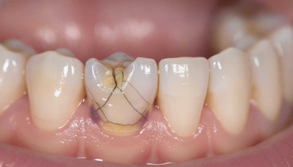 A close-up view of a broken tooth in a human mouth, highlighting visible cracks and chips, with an emphasis on symptoms such as sensitivity and swelling of the surrounding gums. The foreground features the damaged tooth, showcasing details like jagged edges and discoloration. In the middle ground, the mouth is partially open, revealing more teeth for context. The background is softly blurred to focus attention on the tooth, creating a clinical, educational atmosphere. Soft, diffused lighting illuminates the scene to avoid harsh shadows, giving an accurate portrayal of dental health. The overall mood is informative and serious, suitable for a medical or dental context. A close-up view of a broken tooth in a human mouth, highlighting visible cracks and chips, with an emphasis on symptoms such as sensitivity and swelling of the surrounding gums. The foreground features the damaged tooth, showcasing details like jagged edges and discoloration. In the middle ground, the mouth is partially open, revealing more teeth for context. The background is softly blurred to focus attention on the tooth, creating a clinical, educational atmosphere. Soft, diffused lighting illuminates the scene to avoid harsh shadows, giving an accurate portrayal of dental health. The overall mood is informative and serious, suitable for a medical or dental context.
