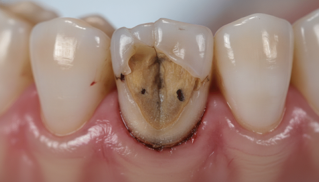 A close-up view of a broken tooth near the gum line, emphasizing the fracture and the surrounding gum tissue. The tooth should exhibit a realistic texture, showcasing the shiny enamel and the rough edges of the break. The gum line is slightly swollen and red, indicating potential inflammation. The background should be softly blurred to highlight the dental issue, while soft, diffused lighting illuminates the tooth from the left, creating subtle shadows that accentuate its structure. The composition should evoke a clinical and educational atmosphere, focusing on the seriousness of dental health. The angle is slightly tilted to capture both the tooth's profile and the gum line effectively, making it suitable for an informative article section. A close-up view of a broken tooth near the gum line, emphasizing the fracture and the surrounding gum tissue. The tooth should exhibit a realistic texture, showcasing the shiny enamel and the rough edges of the break. The gum line is slightly swollen and red, indicating potential inflammation. The background should be softly blurred to highlight the dental issue, while soft, diffused lighting illuminates the tooth from the left, creating subtle shadows that accentuate its structure. The composition should evoke a clinical and educational atmosphere, focusing on the seriousness of dental health. The angle is slightly tilted to capture both the tooth's profile and the gum line effectively, making it suitable for an informative article section.