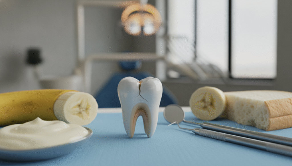 A close-up view of a broken tooth, prominently displayed in the foreground, revealing a clean fracture at the tip. Surrounding the tooth, a variety of soft foods like bananas, bread, and yogurt are scattered, each showing signs of bite marks, indicating the common reasons for tooth fractures. In the middle ground, a dental tool set is neatly arranged, showcasing a mirror and explorer, suggesting a dental examination context. The background features a softly lit dental office, with warm lighting creating a calm and professional atmosphere. The image should evoke a sense of curiosity and concern about dental health. The composition should be shot at eye level to emphasize detail and texture, avoiding any distractions from the central subject. A close-up view of a broken tooth, prominently displayed in the foreground, revealing a clean fracture at the tip. Surrounding the tooth, a variety of soft foods like bananas, bread, and yogurt are scattered, each showing signs of bite marks, indicating the common reasons for tooth fractures. In the middle ground, a dental tool set is neatly arranged, showcasing a mirror and explorer, suggesting a dental examination context. The background features a softly lit dental office, with warm lighting creating a calm and professional atmosphere. The image should evoke a sense of curiosity and concern about dental health. The composition should be shot at eye level to emphasize detail and texture, avoiding any distractions from the central subject.
