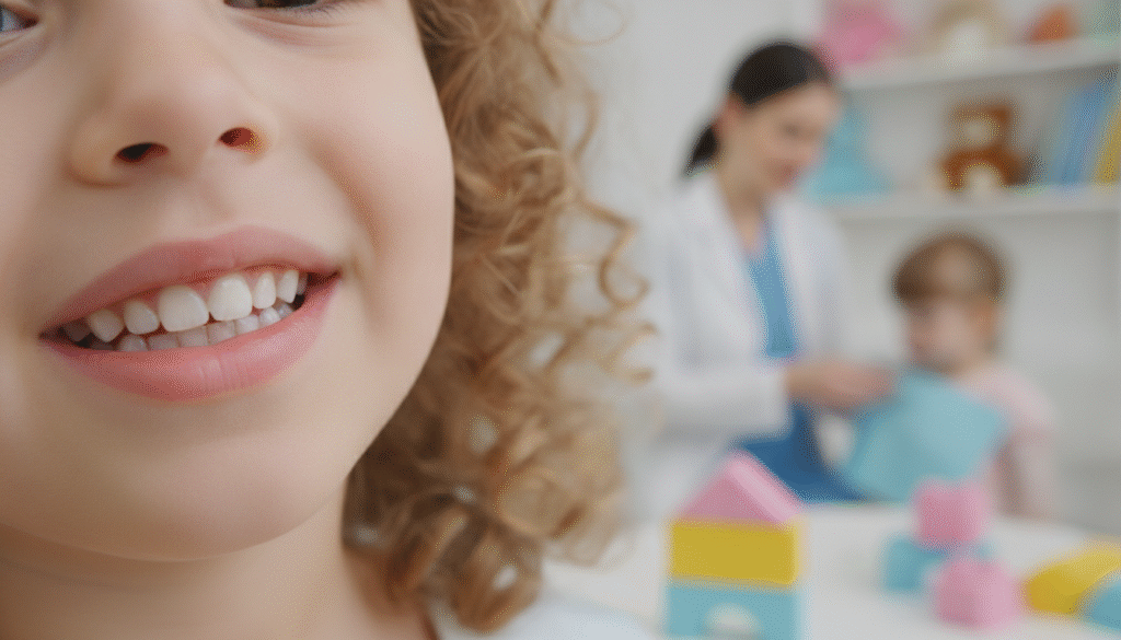 A close-up view of a child’s mouth showcasing a chipped baby tooth, emphasizing the delicate nature of baby teeth. The child, a young girl with curly hair, smiles gently, her innocent expression softening the situation. In the foreground, the focus is on her teeth, where one tooth appears slightly chipped, highlighting its subtle imperfection. In the middle ground, soft, playful colors evoke a sense of warmth and safety, drawing attention to the importance of baby teeth. In the background, a warm, softly lit dental clinic environment is visible, with toys and a friendly dental assistant in professional attire, creating a comforting atmosphere. The lighting is soft and even, making the child the focal point, while the overall mood is reassuring and educational, instilling confidence in parents. A close-up view of a child’s mouth showcasing a chipped baby tooth, emphasizing the delicate nature of baby teeth. The child, a young girl with curly hair, smiles gently, her innocent expression softening the situation. In the foreground, the focus is on her teeth, where one tooth appears slightly chipped, highlighting its subtle imperfection. In the middle ground, soft, playful colors evoke a sense of warmth and safety, drawing attention to the importance of baby teeth. In the background, a warm, softly lit dental clinic environment is visible, with toys and a friendly dental assistant in professional attire, creating a comforting atmosphere. The lighting is soft and even, making the child the focal point, while the overall mood is reassuring and educational, instilling confidence in parents.