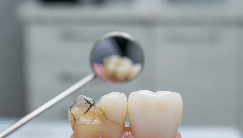 A close-up view of a chipped tooth, showcasing its damaged surface alongside an elegant dental veneer fitted perfectly over a neighboring tooth. The foreground features the chipped tooth prominently, displaying the imperfections and cracks, while the veneer glistens with a natural shine, demonstrating its smooth finish. In the middle ground, a soft-focus dental instrument, like a mirror or probe, subtly suggests a dental examination context. The background is softly blurred, hinting at a modern dental clinic environment with neutral tones. The lighting is bright yet gentle, highlighting the textures of the tooth and veneer, creating a clean and clinical atmosphere. The overall mood is informative and reassuring, conveying the potential of veneers in dental restoration. A close-up view of a chipped tooth, showcasing its damaged surface alongside an elegant dental veneer fitted perfectly over a neighboring tooth. The foreground features the chipped tooth prominently, displaying the imperfections and cracks, while the veneer glistens with a natural shine, demonstrating its smooth finish. In the middle ground, a soft-focus dental instrument, like a mirror or probe, subtly suggests a dental examination context. The background is softly blurred, hinting at a modern dental clinic environment with neutral tones. The lighting is bright yet gentle, highlighting the textures of the tooth and veneer, creating a clean and clinical atmosphere. The overall mood is informative and reassuring, conveying the potential of veneers in dental restoration.