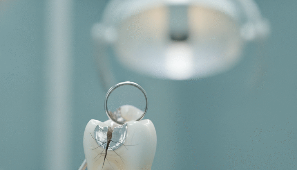 A close-up view of a cracked tooth with a filling, showcasing the intricate details of the fracture in the enamel. The foreground features the tooth prominently, with visible jagged edges and contrasting textures of the filling material. The middle ground includes a dental mirror reflecting a glint of light across the crack, suggesting clinical examination. The background is softly blurred to emphasize the tooth, with calm, cool tones to evoke a sterile dental environment. Bright lighting highlights the tooth’s features, while shadows add depth, creating a clinical yet accessible mood. The composition aims to educate, illustrating the reality of dental damage in a relatable way. A close-up view of a cracked tooth with a filling, showcasing the intricate details of the fracture in the enamel. The foreground features the tooth prominently, with visible jagged edges and contrasting textures of the filling material. The middle ground includes a dental mirror reflecting a glint of light across the crack, suggesting clinical examination. The background is softly blurred to emphasize the tooth, with calm, cool tones to evoke a sterile dental environment. Bright lighting highlights the tooth’s features, while shadows add depth, creating a clinical yet accessible mood. The composition aims to educate, illustrating the reality of dental damage in a relatable way.