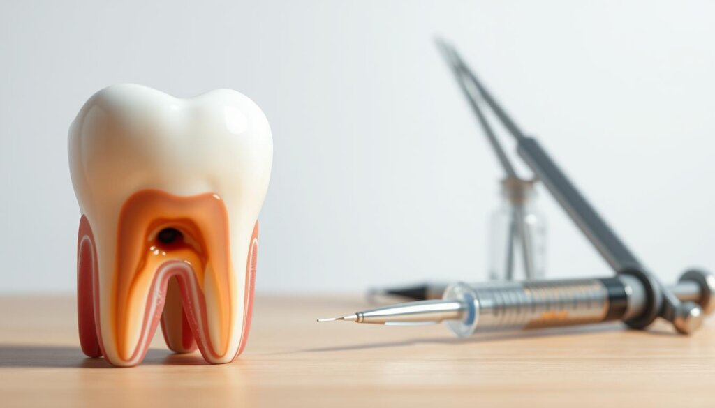 A close-up view of a dental abscess treatment options, set against a clean, clinical background. In the foreground, a detailed illustration of an infected tooth with a visible abscess. In the middle ground, a selection of dental tools and instruments commonly used for abscess treatment, such as a dental probe, tweezers, and a syringe. The lighting is bright and evenly distributed, casting a professional, medical atmosphere. The angle is slightly elevated, giving a clear view of the subject matter. The overall mood is one of informative clarity, conveying the importance of understanding and addressing a dental abscess.