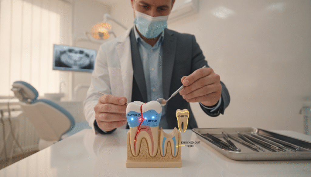 A close-up view of a dental clinic setting that focuses on a broken tooth and its repair timeline. In the foreground, an anatomical model of a tooth with a visible crack and highlighted areas showing different types of damage—fractured, chipped, and knocked-out—tooth. In the middle ground, a professional dentist in business attire examines the tooth model with tools in hand, surrounded by dental instruments. The background showcases a bright, sterile dental office, with soft, warm lighting that conveys a sense of care and professionalism. Use a shallow depth of field to emphasize the tooth model while creating a softly blurred backdrop. The overall mood is informative and reassuring, ideal for an educational piece on dental care. A close-up view of a dental clinic setting that focuses on a broken tooth and its repair timeline. In the foreground, an anatomical model of a tooth with a visible crack and highlighted areas showing different types of damage—fractured, chipped, and knocked-out—tooth. In the middle ground, a professional dentist in business attire examines the tooth model with tools in hand, surrounded by dental instruments. The background showcases a bright, sterile dental office, with soft, warm lighting that conveys a sense of care and professionalism. Use a shallow depth of field to emphasize the tooth model while creating a softly blurred backdrop. The overall mood is informative and reassuring, ideal for an educational piece on dental care.