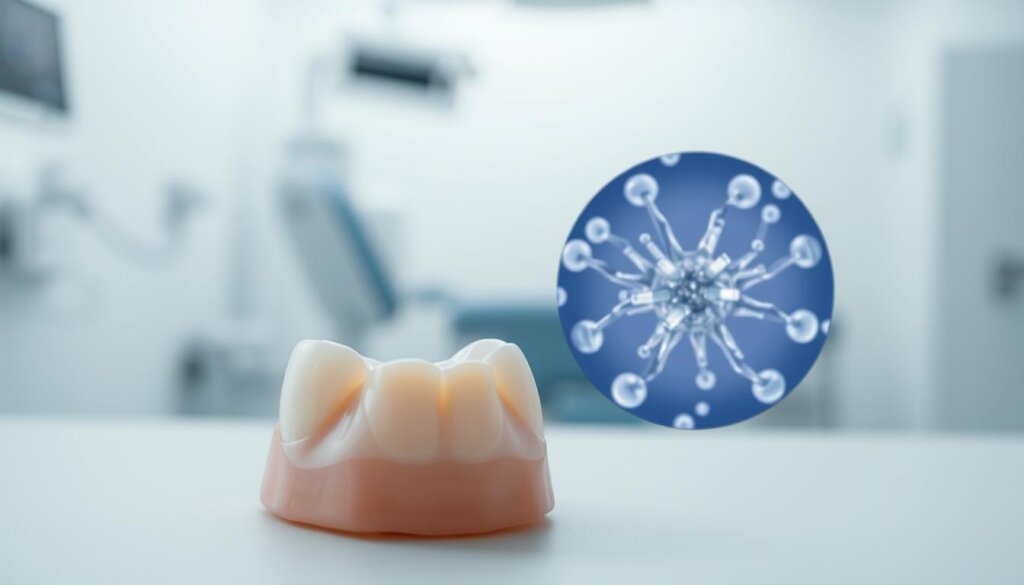 A close-up view of a dental composite filling, showcasing its key advantages. The filling appears in the foreground, with a clean, well-lit backdrop that highlights its smooth, polished surface and natural tooth-colored appearance. The lighting is soft and diffused, creating a sense of depth and dimension. In the middle ground, a microscopic view reveals the intricate molecular structure of the composite material, demonstrating its durability and strength. The background features a blurred medical setting, subtly hinting at the clinical context. The overall tone is one of professionalism, highlighting the advanced technology and care behind this dental restoration solution.