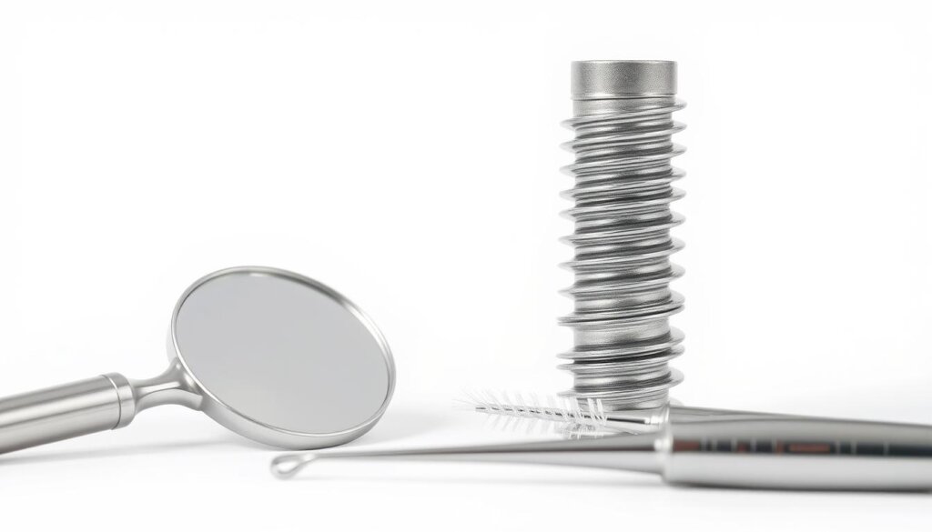 A close-up view of a dental implant, showcased against a clean, white background. The implant is meticulously detailed, with its titanium surface and intricate threads clearly visible. In the foreground, a set of dental tools, including a small mirror and a specialized cleaning brush, are arranged neatly, suggesting the importance of regular maintenance. The lighting is soft and even, creating a sense of clinical precision and attention to detail. The overall composition conveys the message of diligent care and preservation of the dental implant, essential for its long-term success.