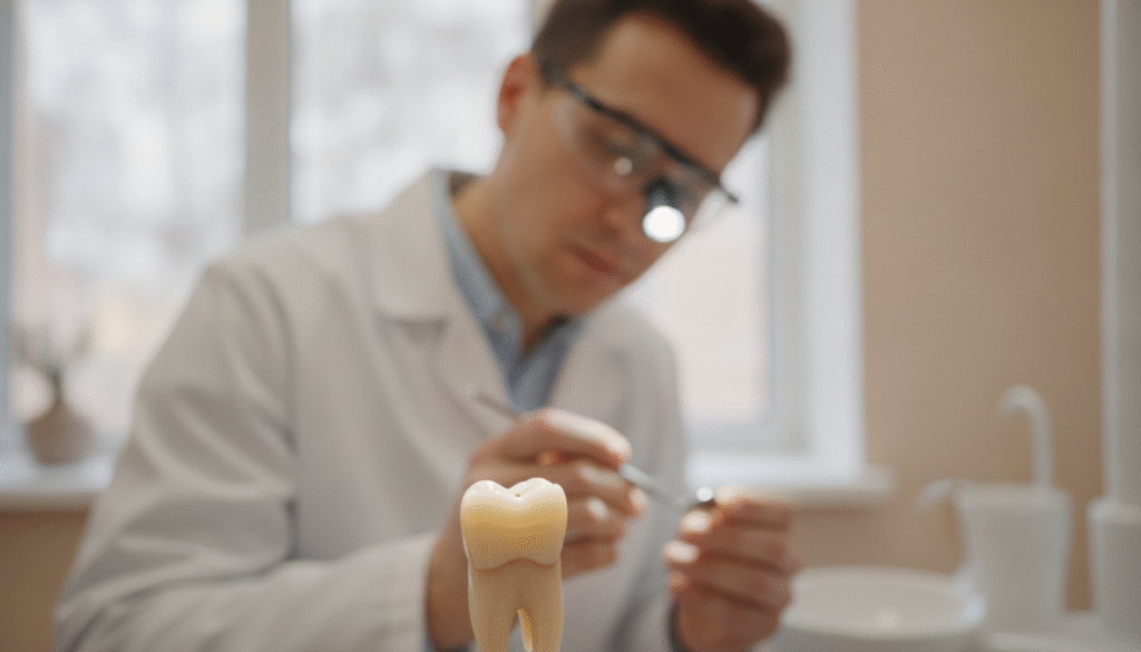 A close-up view of a dental professional examining a beautifully repaired tooth, demonstrating aesthetics and precision in tooth restoration. In the foreground, focus on the tooth, showcasing a seamless blend with natural enamel and subtle shine. In the middle ground, capture the dentist, dressed in a white lab coat and protective glasses, highlighting their attention to detail; they are using a dental mirror and light to emphasize the repair work. The background features a softly blurred dental office with bright, warm lighting to create a welcoming atmosphere. The overall mood should convey trust and professionalism, allowing viewers to appreciate the artistry in dental repair and its positive impact on aesthetics. A close-up view of a dental professional examining a beautifully repaired tooth, demonstrating aesthetics and precision in tooth restoration. In the foreground, focus on the tooth, showcasing a seamless blend with natural enamel and subtle shine. In the middle ground, capture the dentist, dressed in a white lab coat and protective glasses, highlighting their attention to detail; they are using a dental mirror and light to emphasize the repair work. The background features a softly blurred dental office with bright, warm lighting to create a welcoming atmosphere. The overall mood should convey trust and professionalism, allowing viewers to appreciate the artistry in dental repair and its positive impact on aesthetics.