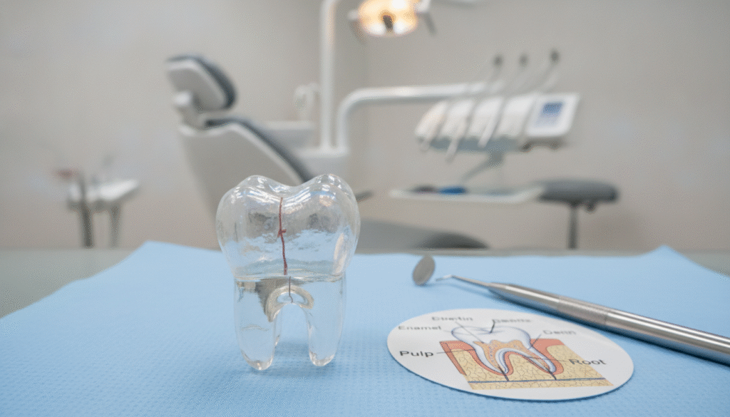 A close-up view of a dental splint placed on a model tooth, showcasing its application on a cracked tooth. In the foreground, the splint is detailed and glossy, demonstrating the texture and fit around the tooth. In the middle ground, include a dental tool and a dental diagram highlighting the anatomy of the tooth, providing a clear educational context. The background can feature a softly blurred dental clinic environment with clinical lighting, enhancing the professional atmosphere. Use a slight overhead angle to focus on the splinting in action, creating a sense of intimacy and clarity in the image. The overall mood should be informative and reassuring, reflecting the importance of dental care and repair techniques. A close-up view of a dental splint placed on a model tooth, showcasing its application on a cracked tooth. In the foreground, the splint is detailed and glossy, demonstrating the texture and fit around the tooth. In the middle ground, include a dental tool and a dental diagram highlighting the anatomy of the tooth, providing a clear educational context. The background can feature a softly blurred dental clinic environment with clinical lighting, enhancing the professional atmosphere. Use a slight overhead angle to focus on the splinting in action, creating a sense of intimacy and clarity in the image. The overall mood should be informative and reassuring, reflecting the importance of dental care and repair techniques.