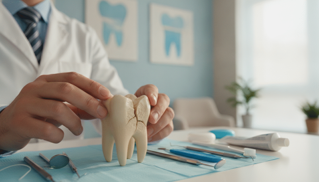 A close-up view of a dentist’s desk showcasing a broken tooth model, surrounded by dental care tools such as mirrors, probes, and a dental cleaning kit. In the foreground, the broken tooth is prominently displayed, highlighting the fracture lines and damaged enamel with realistic textures. In the middle ground, the dentist’s hands, clad in professional business attire, are gently holding the tooth model, emphasizing a caring approach. The background features a softly lit dental office, with calming colors and abstract dental-themed artwork, creating a serene atmosphere. Use soft, natural lighting to enhance the details and textures of the tooth and tools, capturing a mood of professionalism and attentive care in dentistry. A close-up view of a dentist’s desk showcasing a broken tooth model, surrounded by dental care tools such as mirrors, probes, and a dental cleaning kit. In the foreground, the broken tooth is prominently displayed, highlighting the fracture lines and damaged enamel with realistic textures. In the middle ground, the dentist’s hands, clad in professional business attire, are gently holding the tooth model, emphasizing a caring approach. The background features a softly lit dental office, with calming colors and abstract dental-themed artwork, creating a serene atmosphere. Use soft, natural lighting to enhance the details and textures of the tooth and tools, capturing a mood of professionalism and attentive care in dentistry.