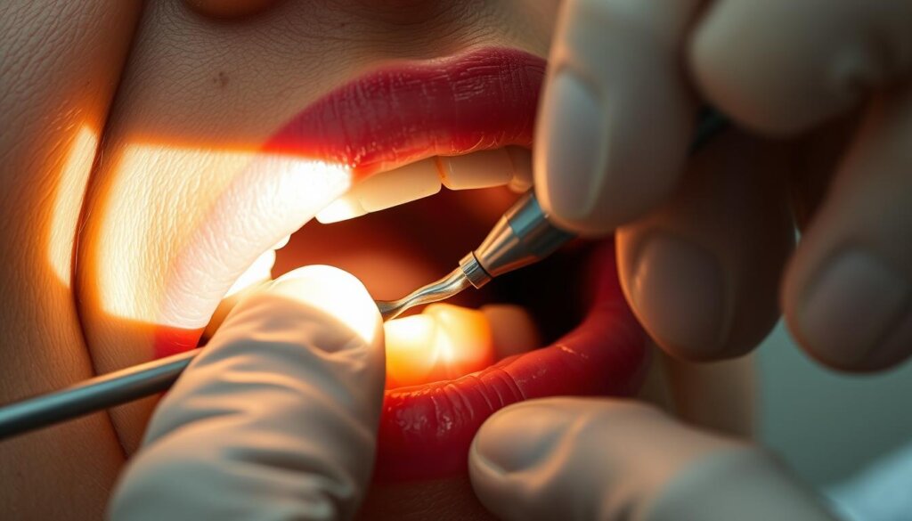 A close-up view of a dentist's hand carefully maneuvering a dental tool to fill a patient's tooth. The tooth is illuminated by a bright, focused light, casting dramatic shadows on the surrounding gum tissue. The patient's mouth is open, revealing the cavity being filled with a tooth-colored composite resin material. The dentist's movements are precise and meticulous, reflecting the skill and care required for this delicate procedure. The scene is captured in a crisp, clean, and clinical atmosphere, conveying the professionalism and attention to detail of the dental treatment.