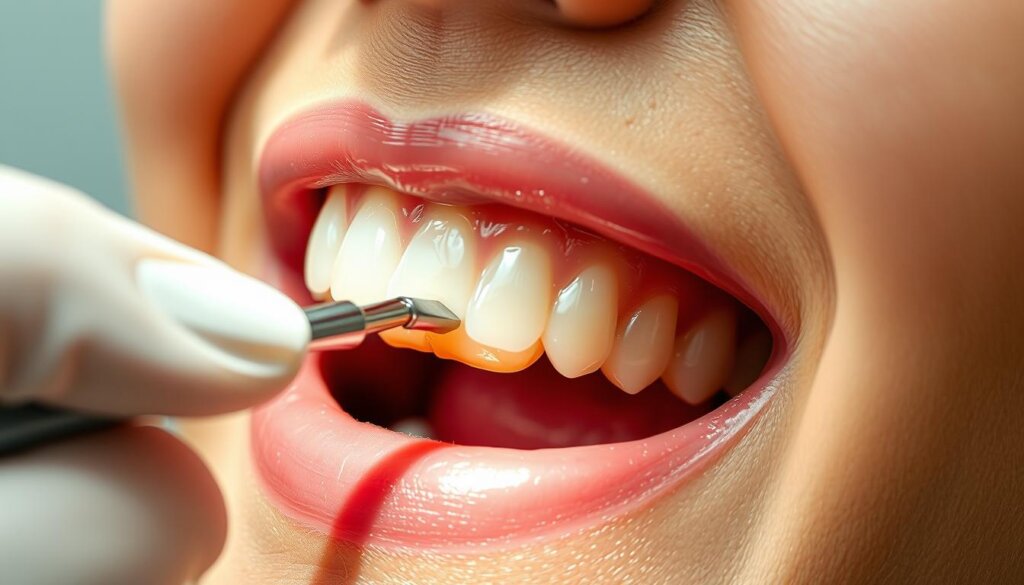 A close-up view of a dentist's hand skillfully polishing a patient's composite dental filling. The filling material glistens under the bright, focused lighting, revealing a smooth, even surface. The dentist's fingers carefully guide a small polishing tool, applying gentle, circular motions to refine the contours and sheen of the restoration. The patient's mouth is slightly open, exposing the targeted tooth, set against a clean, neutral background that emphasizes the delicate, precise nature of the procedure. The scene conveys a sense of professionalism, attention to detail, and the final touches that ensure the patient's comfort and satisfaction with their composite filling.