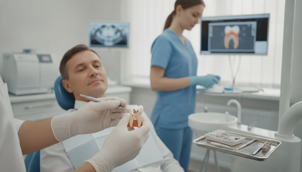 A close-up view of a dentist's office focused on the treatment of a broken tooth. In the foreground, a dental chair is seen with a patient, a middle-aged individual in a white dental gown, looking slightly anxious. In the dentist's hands, a dental tool is delicately positioning over a model of a broken tooth, showcasing the treatment process. The dental assistant, dressed in scrubs, is nearby, preparing tools on a tray. The background features sterile instruments and a wall-mounted monitor displaying dental diagrams. Soft, natural lighting fills the room, creating a calm and reassuring atmosphere. The lens is slightly focused on the dentist's hands, highlighting precision, while blurring the patient’s face to capture their expression of concern and hope. A close-up view of a dentist's office focused on the treatment of a broken tooth. In the foreground, a dental chair is seen with a patient, a middle-aged individual in a white dental gown, looking slightly anxious. In the dentist's hands, a dental tool is delicately positioning over a model of a broken tooth, showcasing the treatment process. The dental assistant, dressed in scrubs, is nearby, preparing tools on a tray. The background features sterile instruments and a wall-mounted monitor displaying dental diagrams. Soft, natural lighting fills the room, creating a calm and reassuring atmosphere. The lens is slightly focused on the dentist's hands, highlighting precision, while blurring the patient’s face to capture their expression of concern and hope.