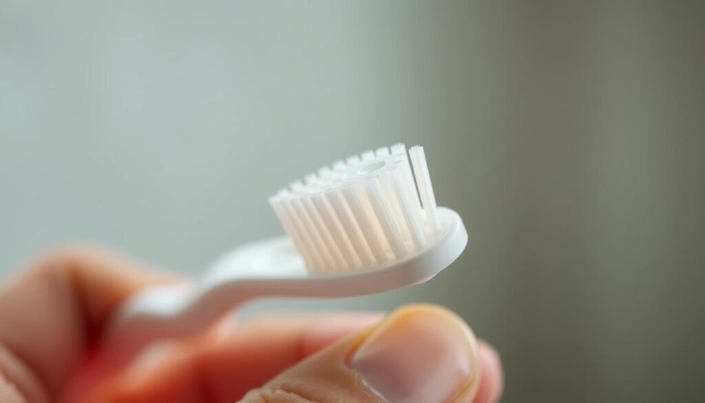 A close-up view of a hand holding a toothbrush, showcasing the proper brushing technique. The bristles are illuminated by soft, diffused lighting, emphasizing the intricate movements required for effective cleaning. The hand is positioned at a slight angle, demonstrating the ideal angle for brushing the teeth. The background is blurred, keeping the focus on the brushing action. The overall scene conveys a sense of attention to detail and the importance of developing good oral hygiene habits.