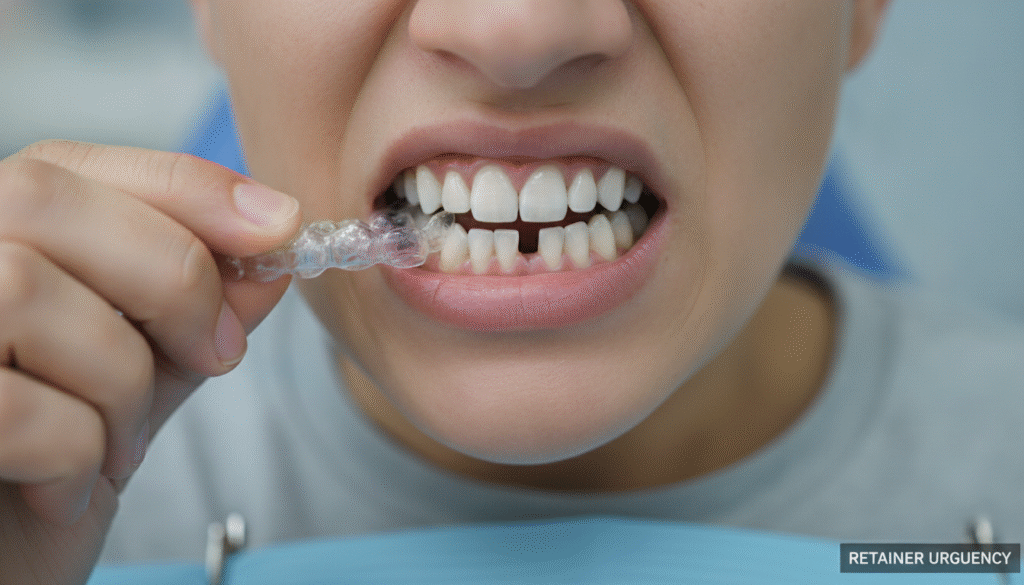 A close-up view of a human mouth, showcasing teeth in the process of shifting after removing Invisalign, highlighting both the aligners and the noticeable gap between the teeth. The image should capture the dental details with bright, clinical lighting to emphasize the contrast between the clear aligners and the natural teeth. The subject, dressed in a modest casual outfit, is positioned at an angle to allow a clear view of the oral changes. The background should be softly blurred to draw attention to the teeth and aligners, conveying a sense of urgency and concern about dental health. The overall mood should be educational and slightly alarming, underscoring the short-term effects of not wearing a retainer. A close-up view of a human mouth, showcasing teeth in the process of shifting after removing Invisalign, highlighting both the aligners and the noticeable gap between the teeth. The image should capture the dental details with bright, clinical lighting to emphasize the contrast between the clear aligners and the natural teeth. The subject, dressed in a modest casual outfit, is positioned at an angle to allow a clear view of the oral changes. The background should be softly blurred to draw attention to the teeth and aligners, conveying a sense of urgency and concern about dental health. The overall mood should be educational and slightly alarming, underscoring the short-term effects of not wearing a retainer.