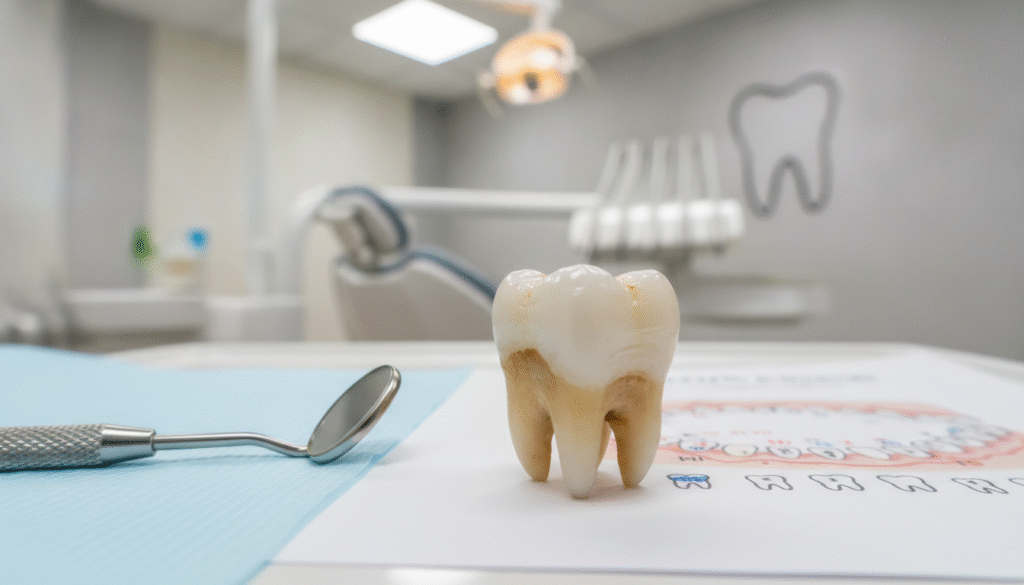 A close-up view of a human tooth on a professional dental examination table, showcasing the intricate details of tooth structure, including enamel and dentin, with subtle signs of wear. In the foreground, a dental instrument like an explorer is resting nearby, emphasizing the clinical context. The middle ground features a soft-focus dental chart showing tooth health indicators, enhancing the educational aspect. In the background, a well-lit dental clinic space, with calming neutral colors and soft lighting that creates a serene, professional atmosphere. The lens perspective should be slightly above the tooth, capturing a detailed, educational focus on dental health. This image should convey a sense of trust and awareness regarding tooth fragility in relation to age and dental procedures. A close-up view of a human tooth on a professional dental examination table, showcasing the intricate details of tooth structure, including enamel and dentin, with subtle signs of wear. In the foreground, a dental instrument like an explorer is resting nearby, emphasizing the clinical context. The middle ground features a soft-focus dental chart showing tooth health indicators, enhancing the educational aspect. In the background, a well-lit dental clinic space, with calming neutral colors and soft lighting that creates a serene, professional atmosphere. The lens perspective should be slightly above the tooth, capturing a detailed, educational focus on dental health. This image should convey a sense of trust and awareness regarding tooth fragility in relation to age and dental procedures.