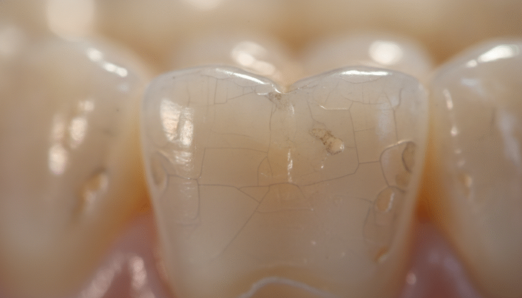 A close-up view of a human tooth showing weak enamel, focusing specifically on the enamel's translucent, fragile texture with visible wear and micro-cracks. In the foreground, highlight the tooth with a slightly illuminated angle to showcase the integumentary details, emphasizing the contrast between healthy and damaged areas. In the middle ground, include subtle highlights reflecting light to enhance the visibility of enamel erosion. The background should be softly blurred to maintain focus on the tooth, suggesting an abstract dental setting with gentle, warm lighting to create an informative yet serene atmosphere. Use a macro lens perspective that captures intricate features of the enamel's surface. A close-up view of a human tooth showing weak enamel, focusing specifically on the enamel's translucent, fragile texture with visible wear and micro-cracks. In the foreground, highlight the tooth with a slightly illuminated angle to showcase the integumentary details, emphasizing the contrast between healthy and damaged areas. In the middle ground, include subtle highlights reflecting light to enhance the visibility of enamel erosion. The background should be softly blurred to maintain focus on the tooth, suggesting an abstract dental setting with gentle, warm lighting to create an informative yet serene atmosphere. Use a macro lens perspective that captures intricate features of the enamel's surface.